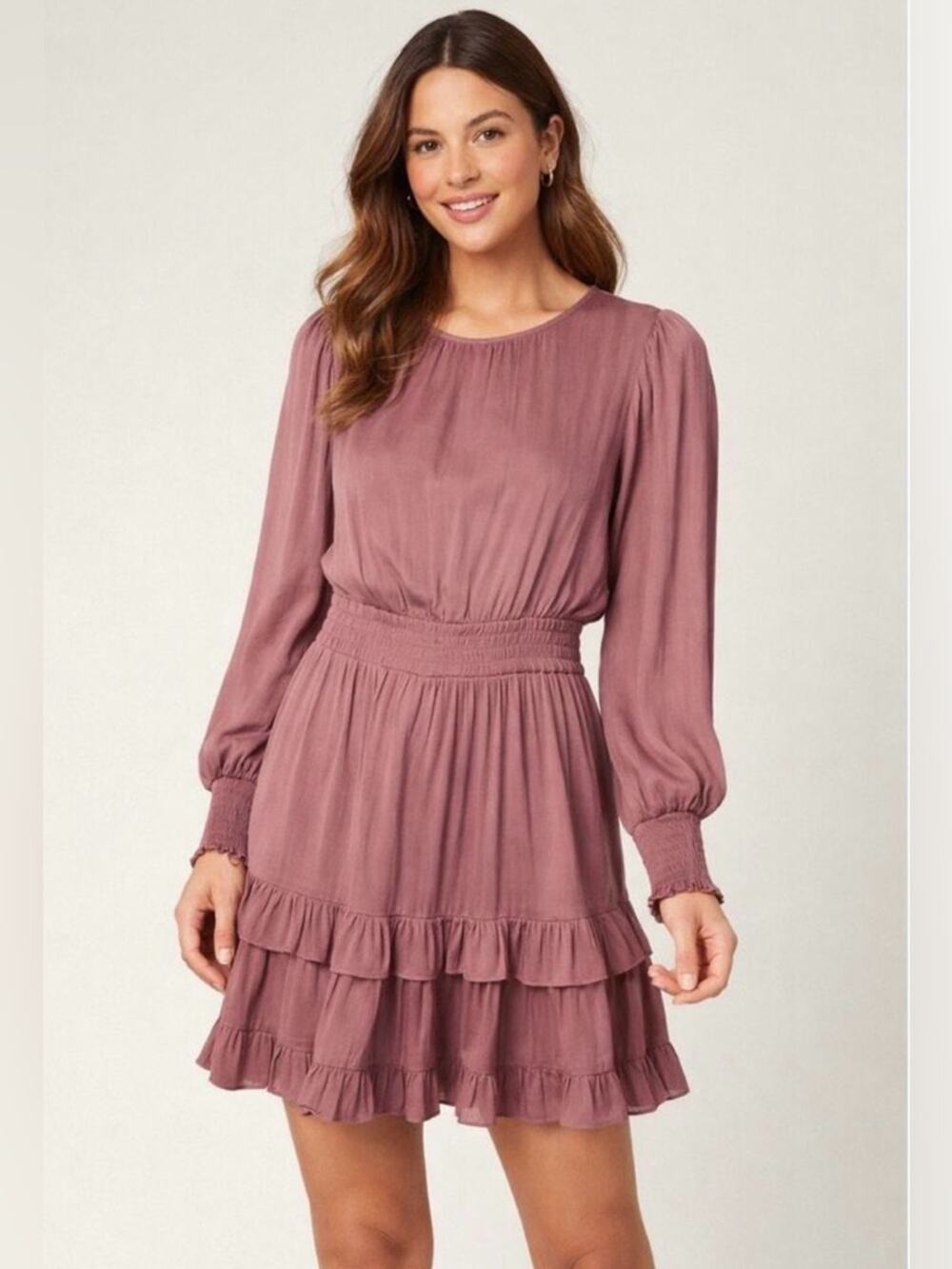 NWT EVEREVE Hailey Smocked Waist Long-Sleeve Ruffle Mauve Mini Dress XL